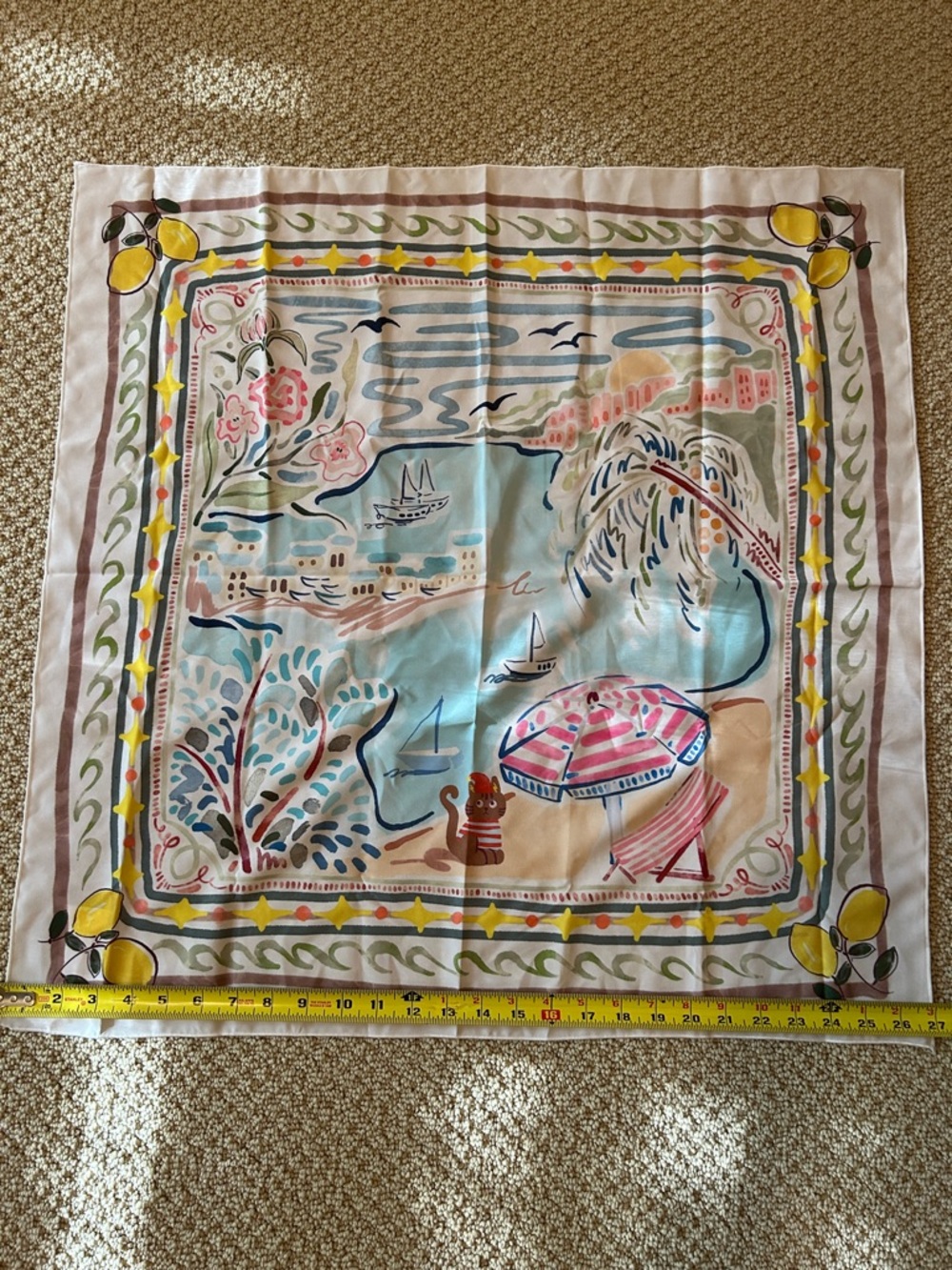 Hand-Painted Style Beach Scarf with Lemon Border